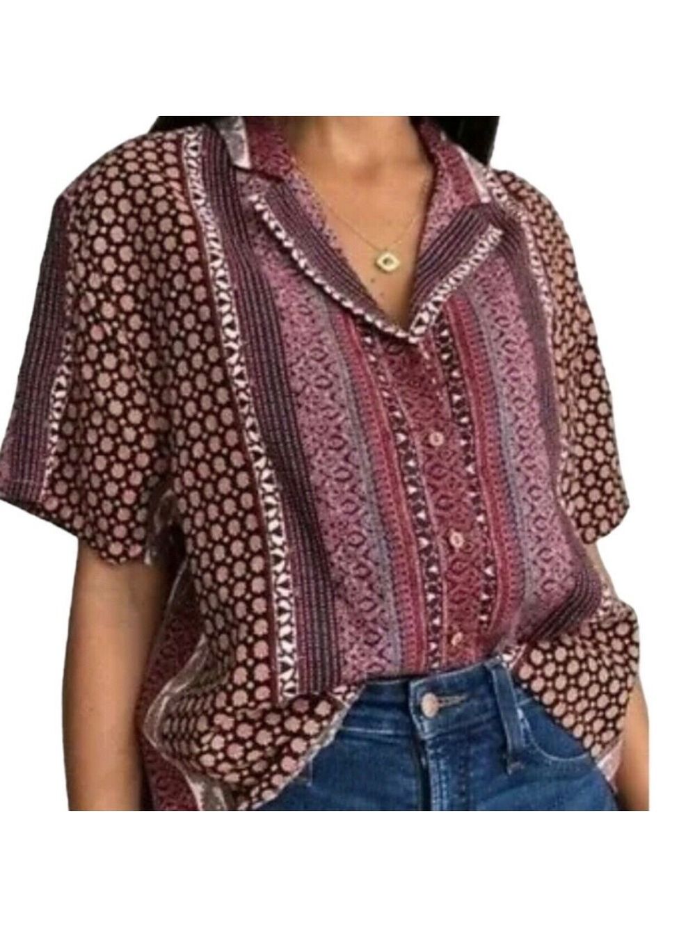 Rachel Zoe Linen Multi-Print Button Front Cropped Shirt, Size M